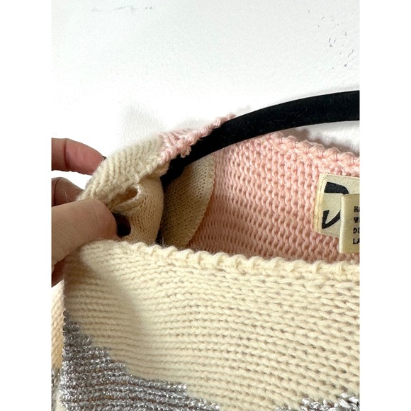 Vintage 80s pink Bow Pullover knit sweater Womens S shoulder pads silver duet - Picture 3 of 9